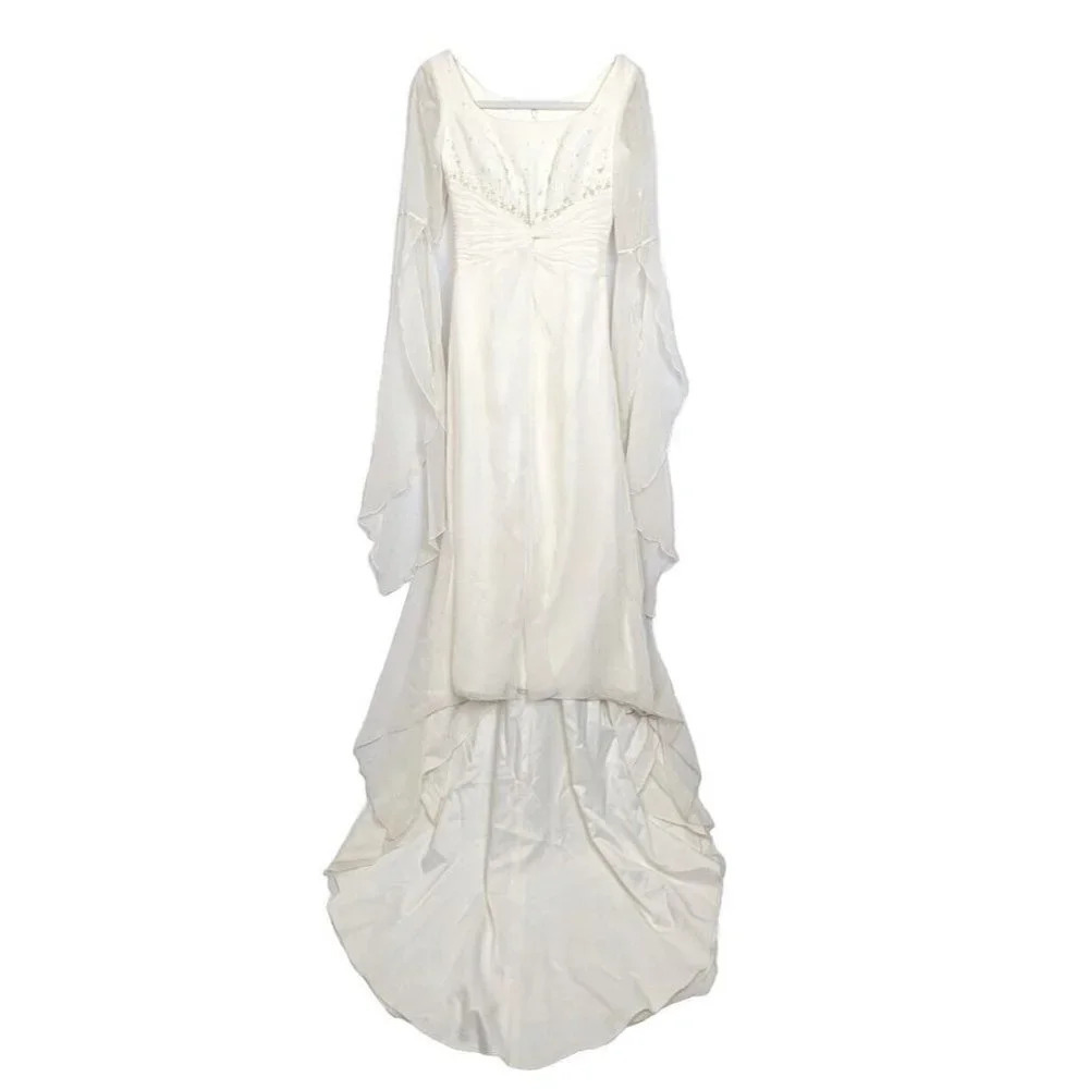 St. Patrick Sz 6 Ivory Wedding Gown Long Draped Sheer Sleeves Train Embellished